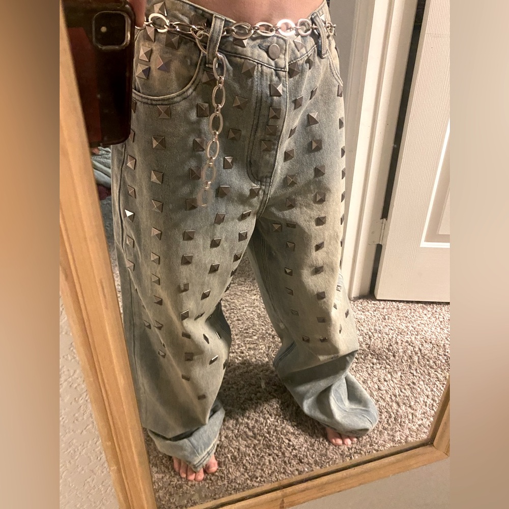Grunge Light wash blue denim studded Wide leg pants with studs